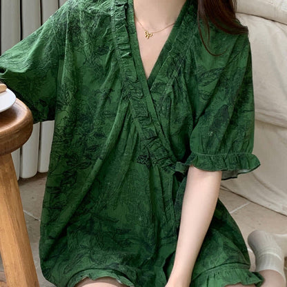 Stylish Botanical Ruffle Sleeve Pajama Set - image 5