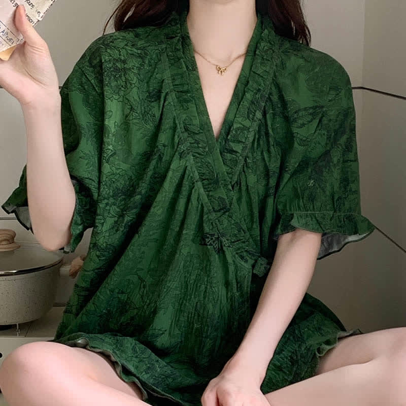 Stylish Botanical Ruffle Sleeve Pajama Set - image 6