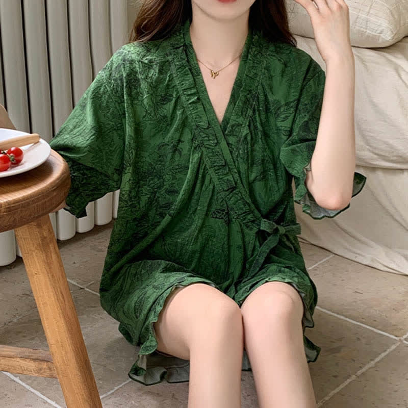 Stylish Botanical Ruffle Sleeve Pajama Set - image 3