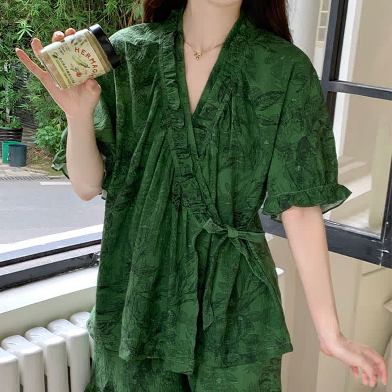 Stylish Botanical Ruffle Sleeve Pajama Set - image 2