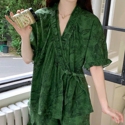Stylish Botanical Ruffle Sleeve Pajama Set - image 2