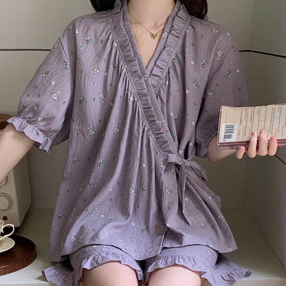 Purple Floral Ruffle Sleeve Pajama Set - image 4