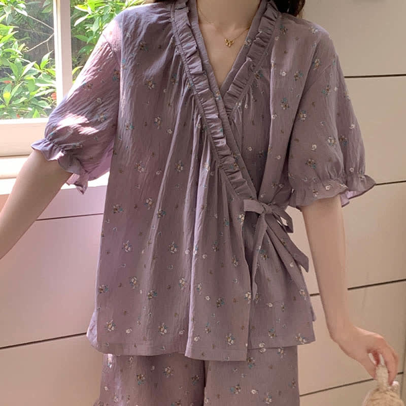 Purple Floral Ruffle Sleeve Pajama Set - image 2