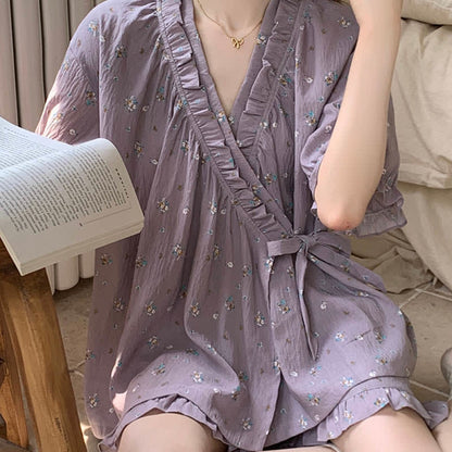 Purple Floral Ruffle Sleeve Pajama Set - image 3