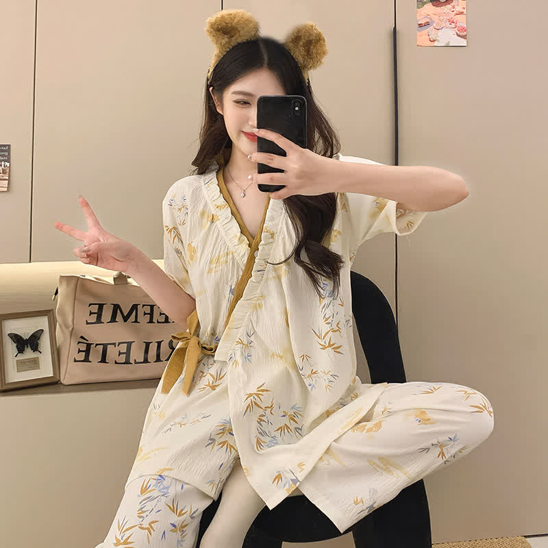 Bamboo Leaf Ruffle Kimono Sleepwear Set - image 3