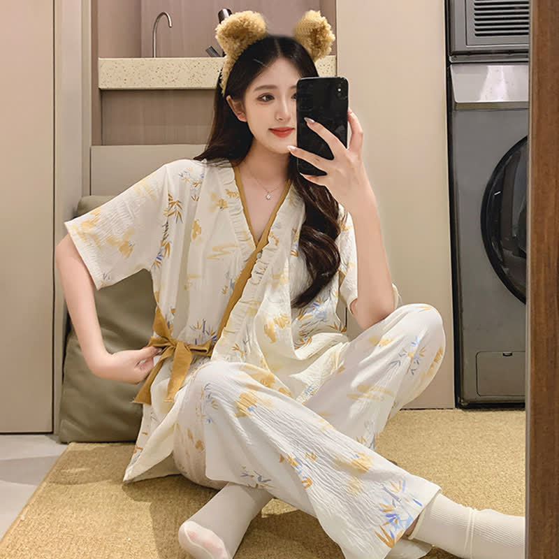 Bamboo Leaf Ruffle Kimono Sleepwear Set - image 2