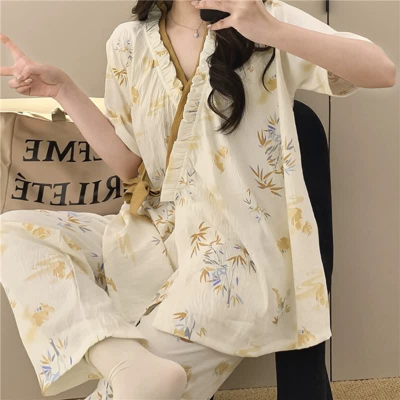Bamboo Leaf Ruffle Kimono Sleepwear Set - image 1