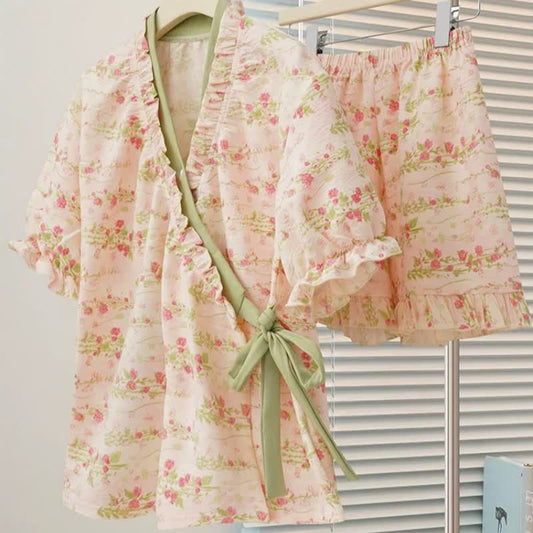 Pink Floral Ruffle Sleeve Pajama Set - image 0