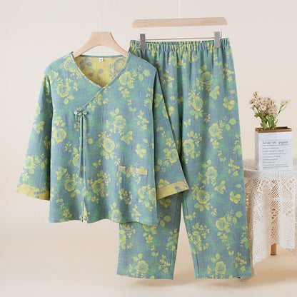 Rose Jacquard Cotton Gauze Sleepwear Set - Light Green - XL - image 2