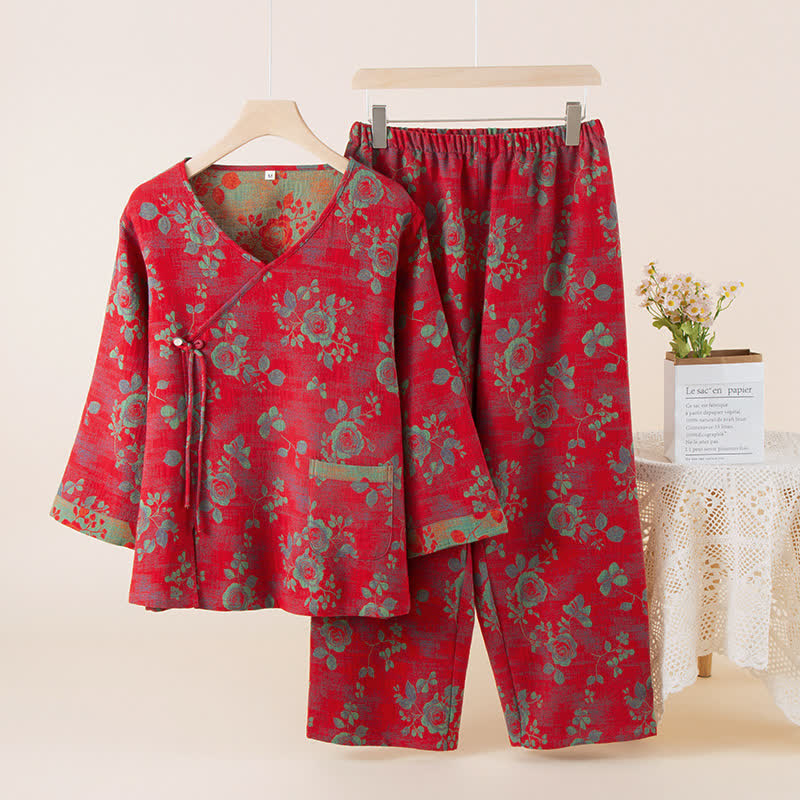 Rose Jacquard Cotton Gauze Sleepwear Set - Red - XL - image 13