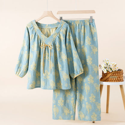 Oriental Lily Cotton Gauze Sleepwear Set - Green - XL - image 2