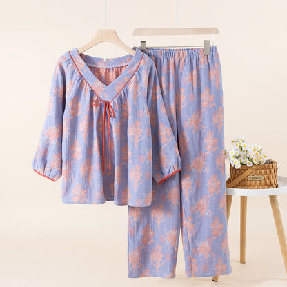 Oriental Lily Cotton Gauze Sleepwear Set - Purple - XL - image 3