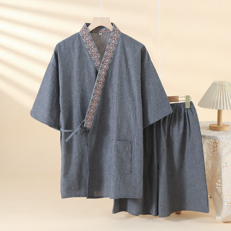 Solid Kimono Pajama with Geometric Collar - Grey - XL - image 1