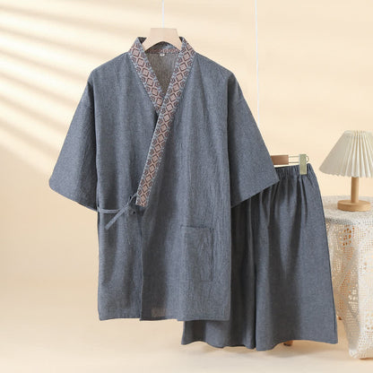 Solid Kimono Pajama with Geometric Collar - Grey - XL - image 1
