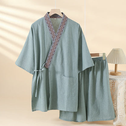 Solid Kimono Pajama with Geometric Collar - Green - XL - image 2