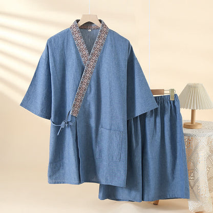 Solid Kimono Pajama with Geometric Collar - Blue - XL - image 4
