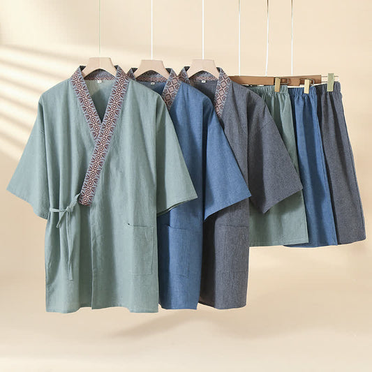 Solid Kimono Pajama with Geometric Collar - image 0
