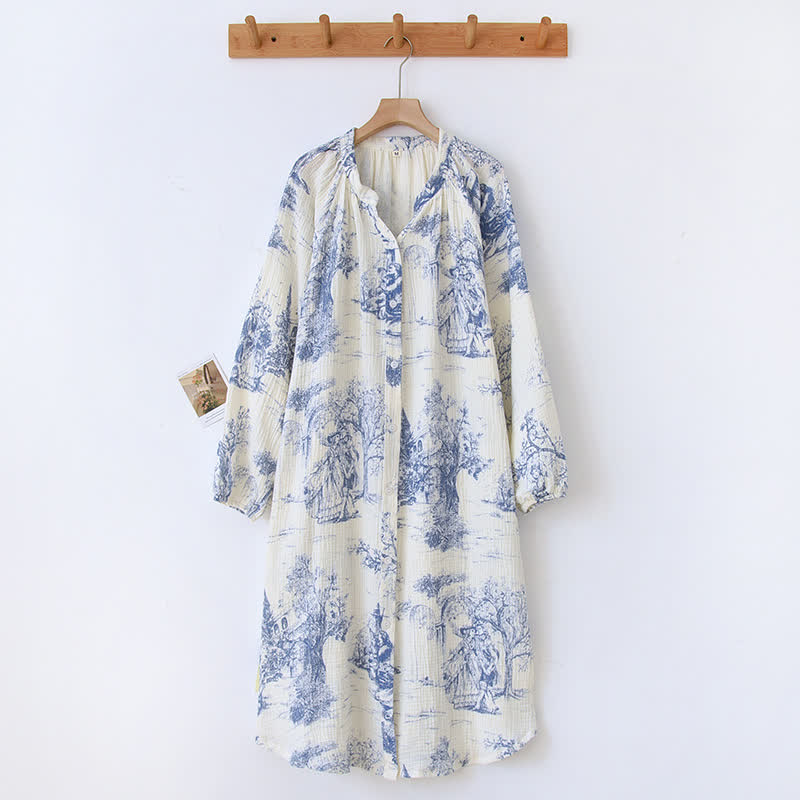 Toile Print Cotton Gauze Nightdress - Blue - XL - image 3