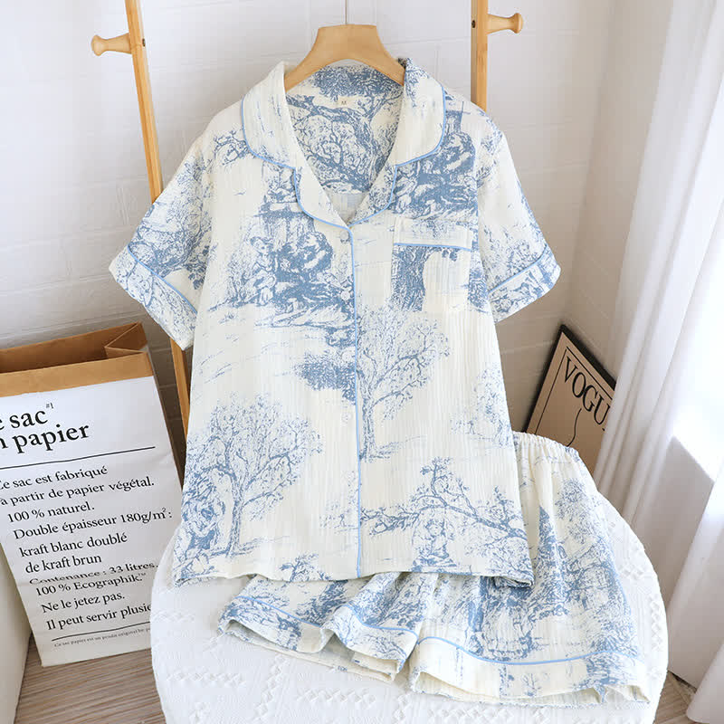 Toile Print Cotton Gauze Nightwear Set - Blue - 2PCS - XL - image 0