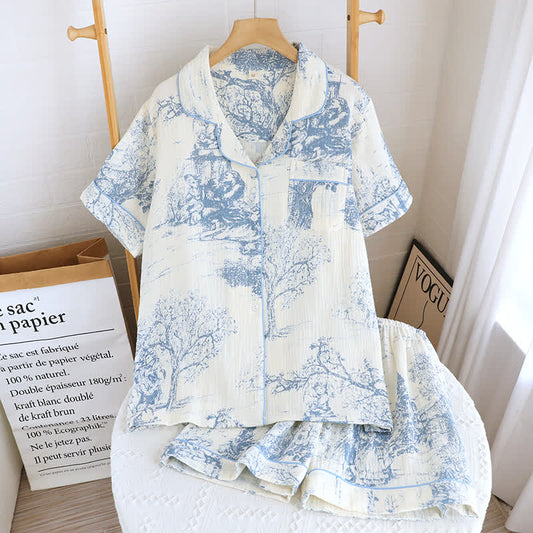 Toile Print Cotton Gauze Nightwear Set - Blue - 2PCS - XL - image 0