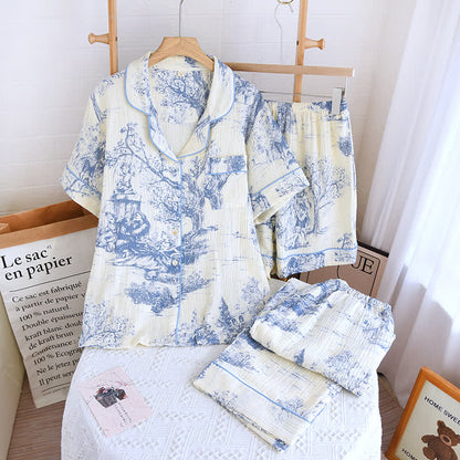Toile Print Cotton Gauze Nightwear Set - Blue - 3PCS - XL - image 1
