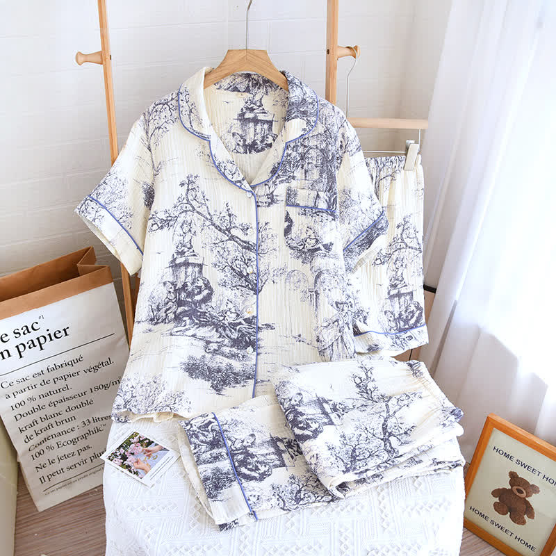 Toile Print Cotton Gauze Nightwear Set - Purple - 3PCS - XL - image 6