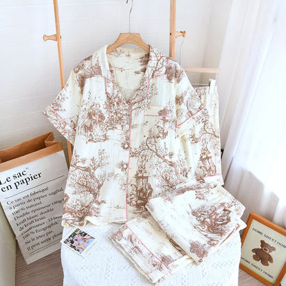 Toile Print Cotton Gauze Nightwear Set - Pink - 3PCS - XL - image 8