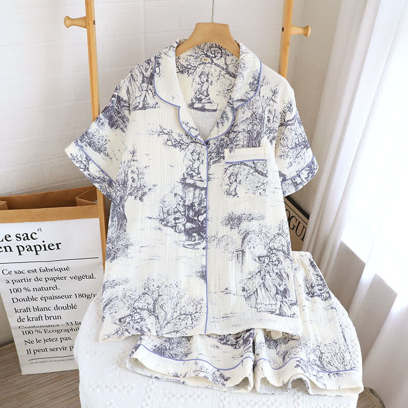 Toile Print Cotton Gauze Nightwear Set - Purple - 2PCS - XL - image 5