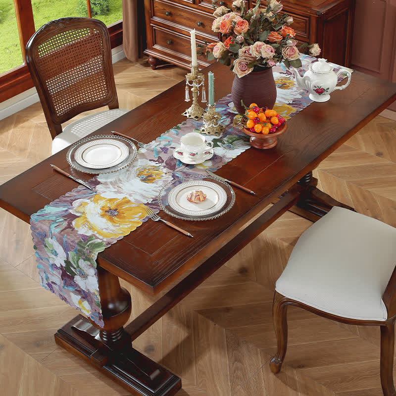 Waterproof Oil Painting Wave Edge Table Runner - Gray Purple - 12" x 118" - image 7