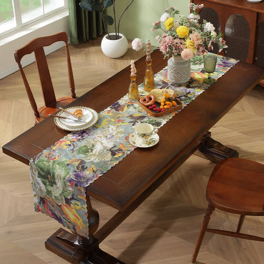 Waterproof Oil Painting Wave Edge Table Runner - Gray Green - 12" x 118" - image 0