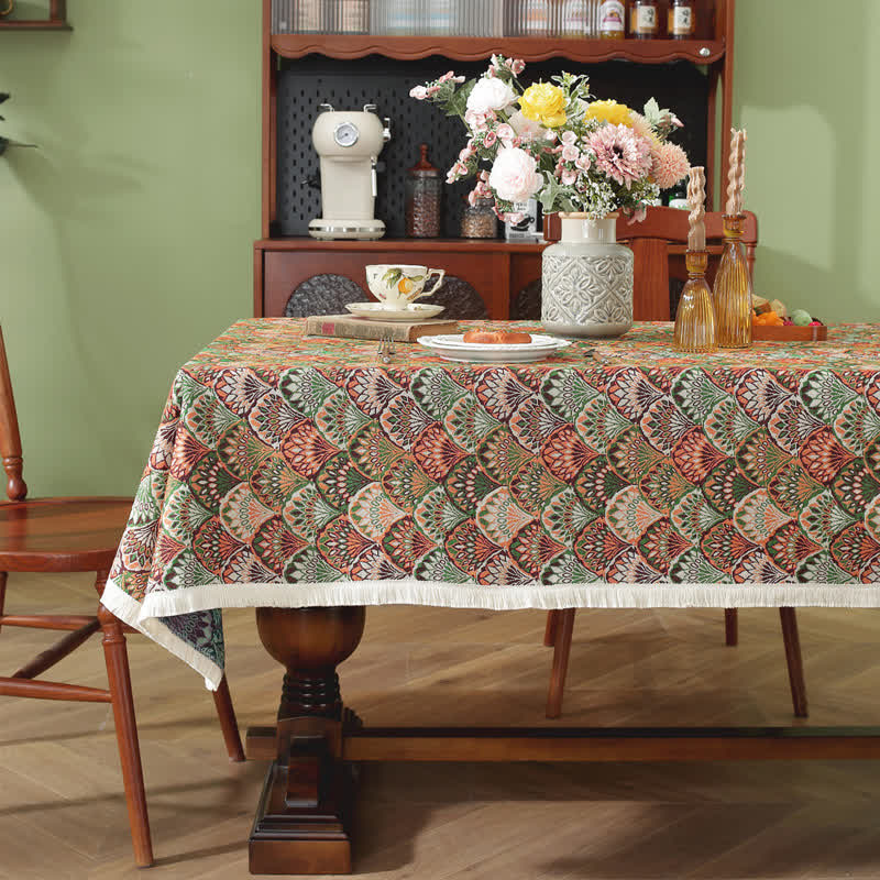 Washable Stain-Resistant Boho Tablecloth - Dark Green & Coral Orange - 55" x 118" - image 0
