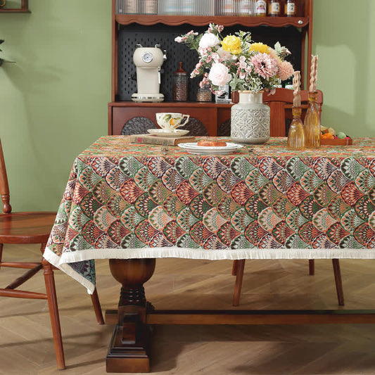 Washable Stain-Resistant Boho Tablecloth - Dark Green & Coral Orange - 55" x 118" - image 0