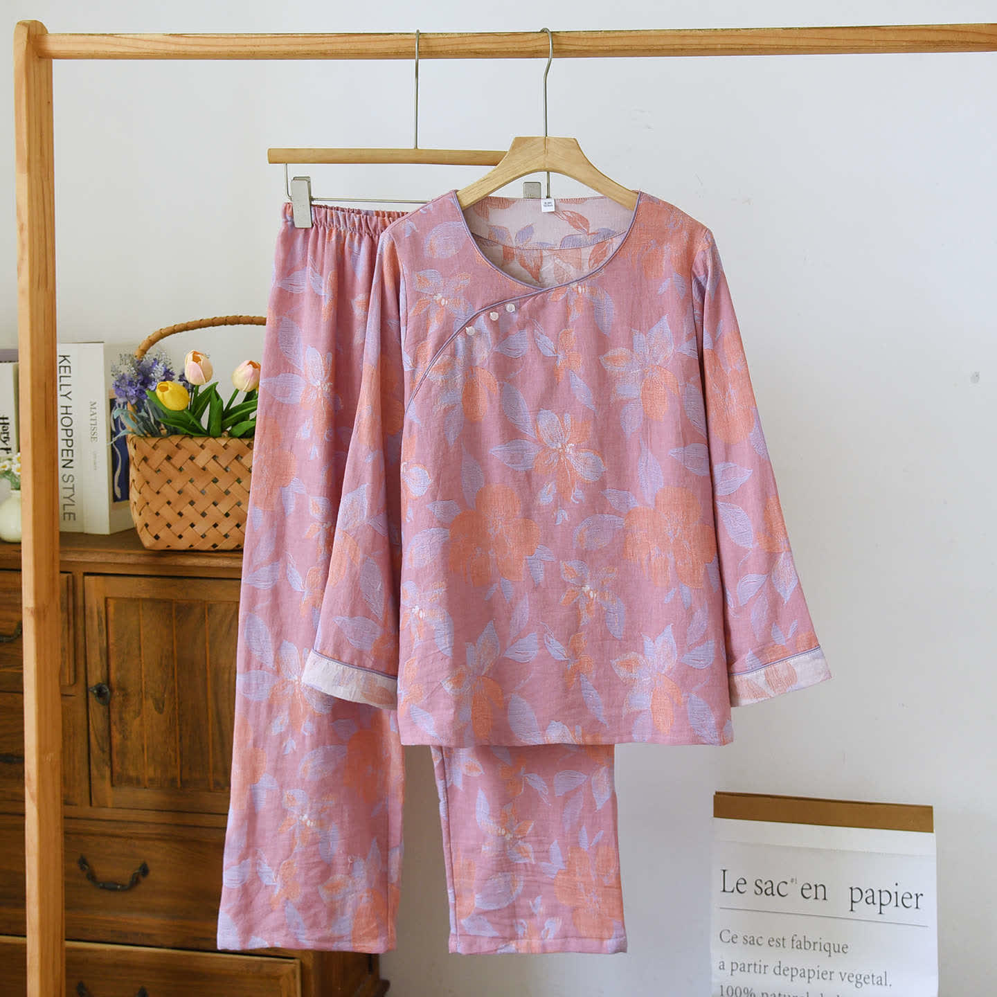 Oriental Hostas Jacquard Cotton Sleepwear Set - Pink - XL - image 6