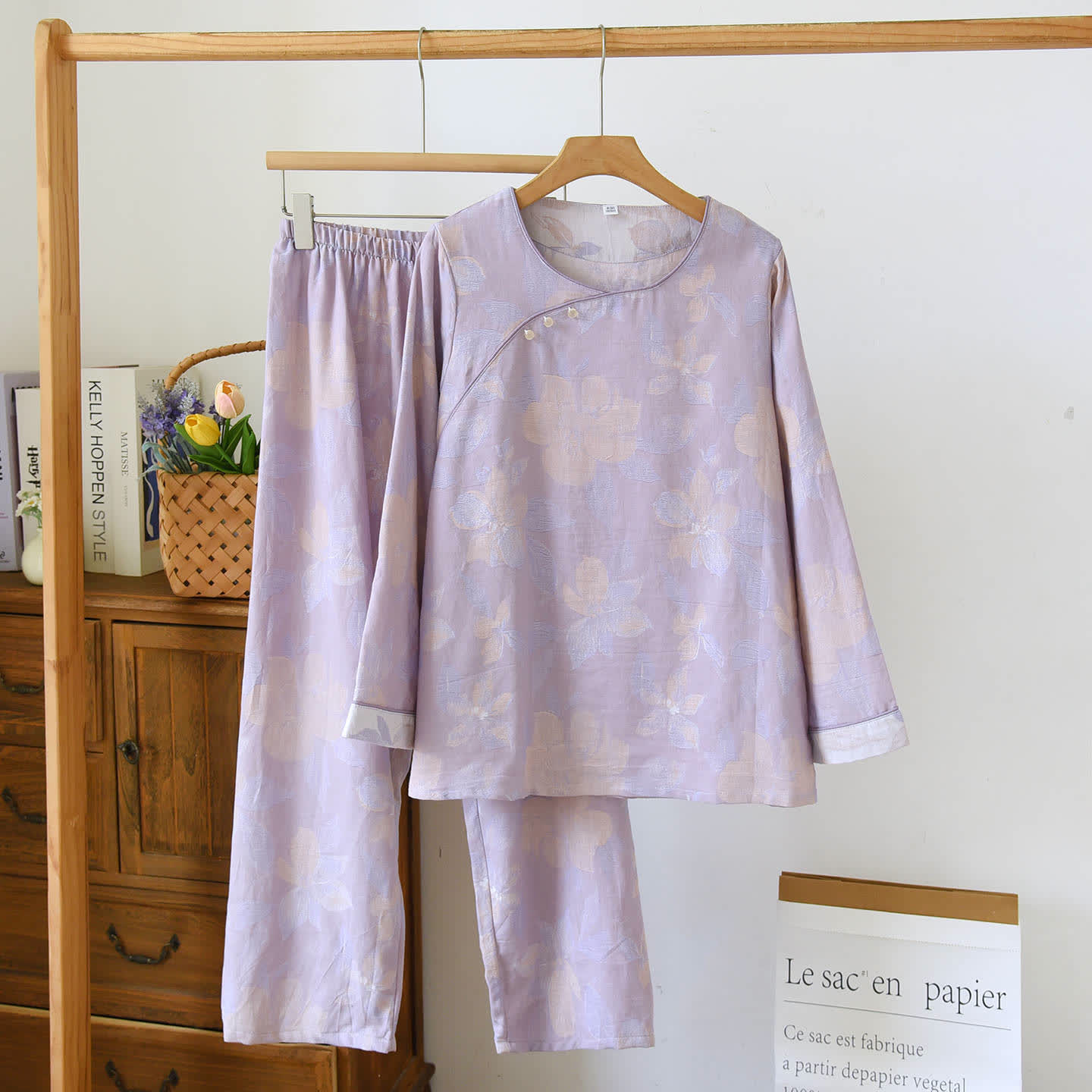 Oriental Hostas Jacquard Cotton Sleepwear Set - Purple - XL - image 5