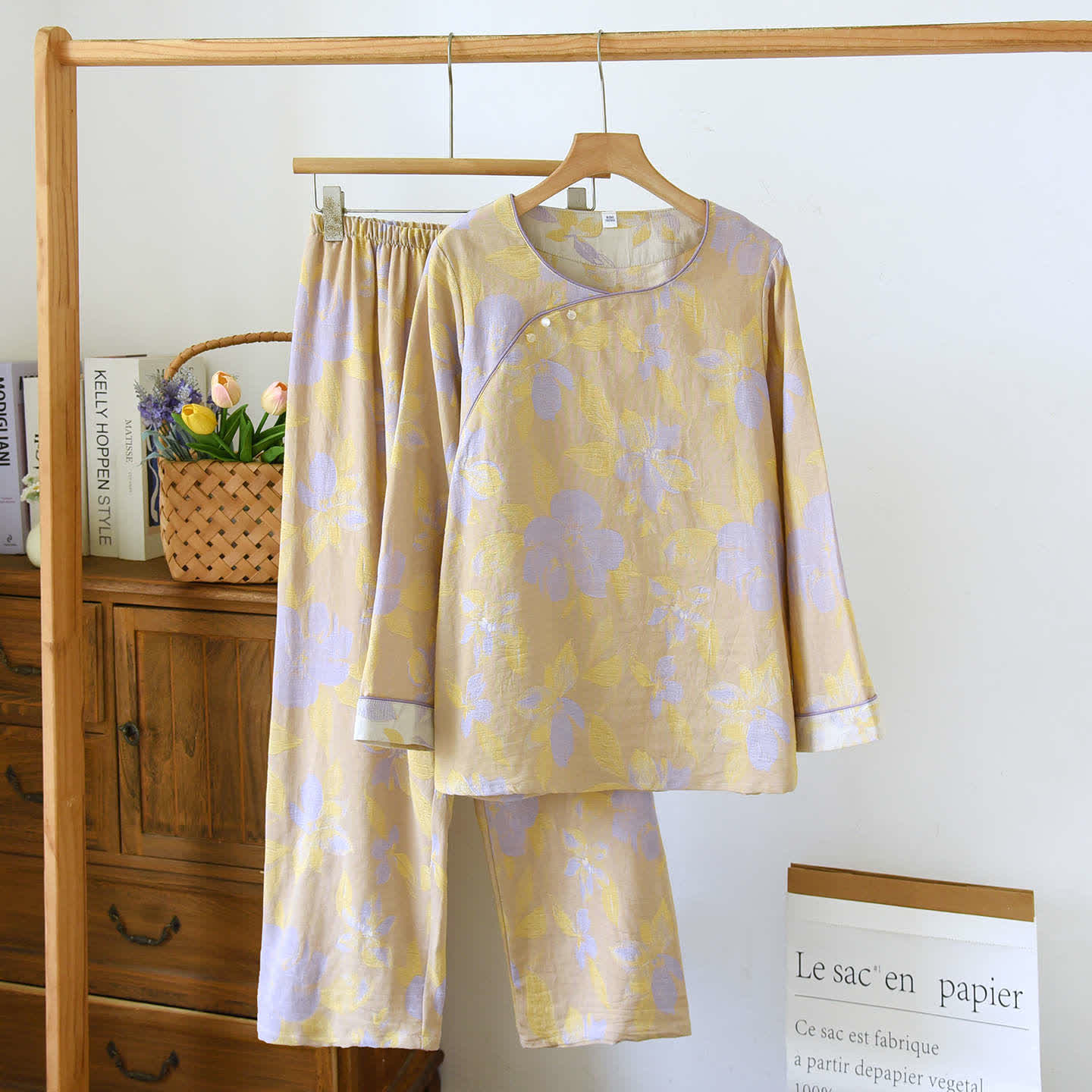 Oriental Hostas Jacquard Cotton Sleepwear Set - Yellow - XL - image 4