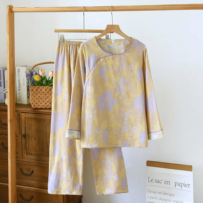 Oriental Hostas Jacquard Cotton Sleepwear Set - Yellow - XL - image 4