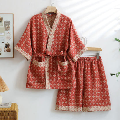 Unisex Red Geometric Cotton Kimono Loungewear - Red - XXL - image 0
