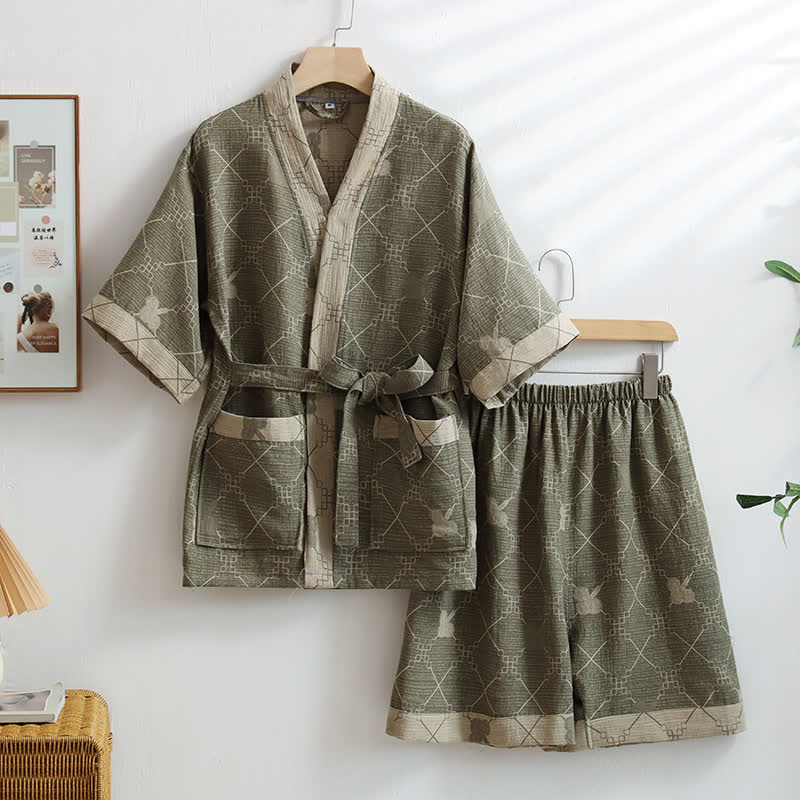Unisex Green Grid Cotton Kimono Loungewear - XXL - image 0