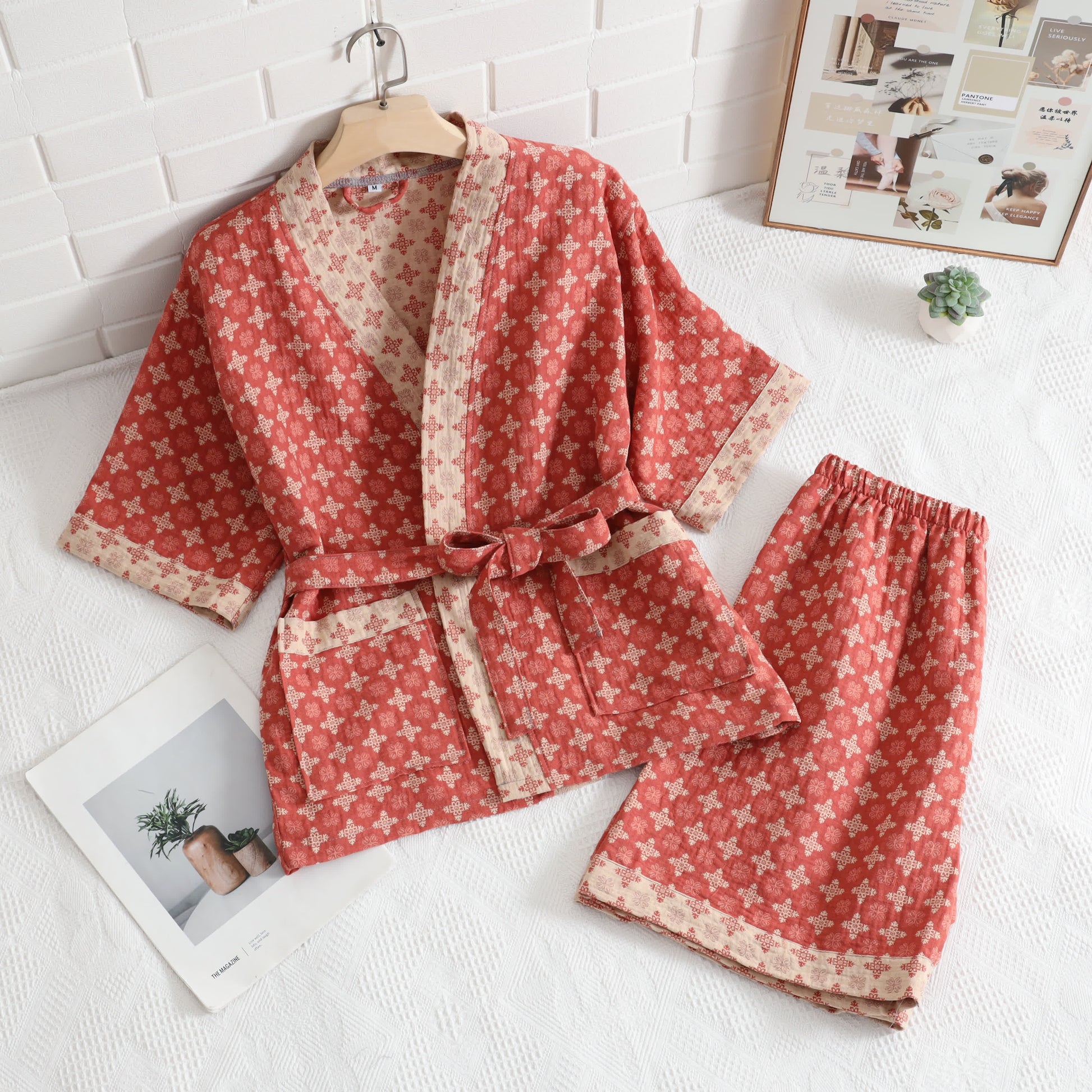 Unisex Red Geometric Cotton Kimono Loungewear - image 2