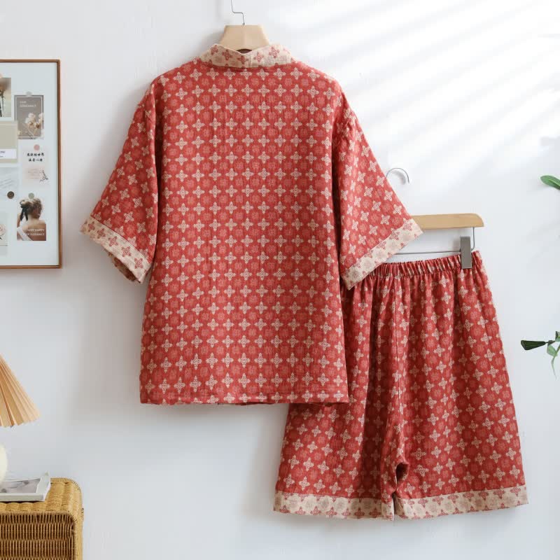 Unisex Red Geometric Cotton Kimono Loungewear - image 1