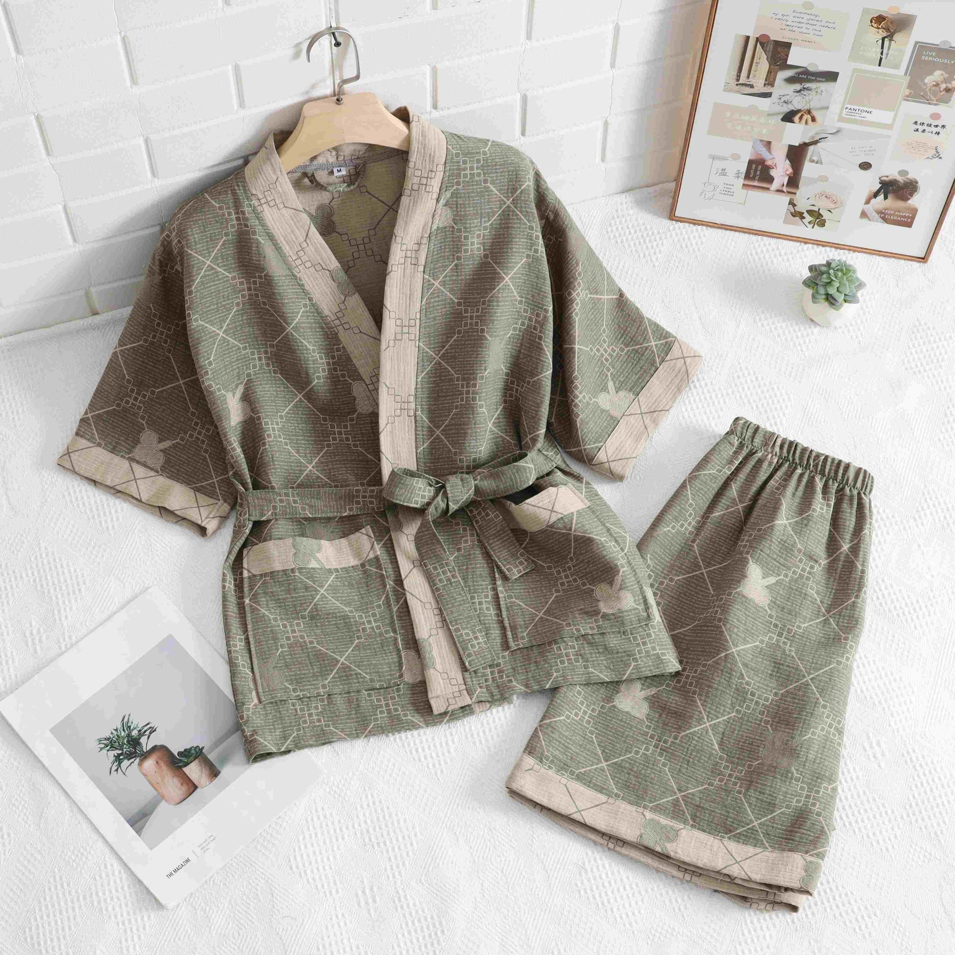 Unisex Green Grid Cotton Kimono Loungewear - image 2