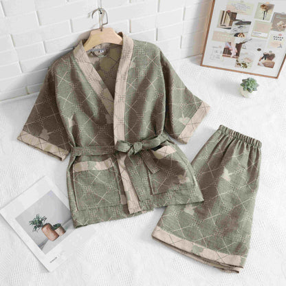 Unisex Green Grid Cotton Kimono Loungewear - image 2