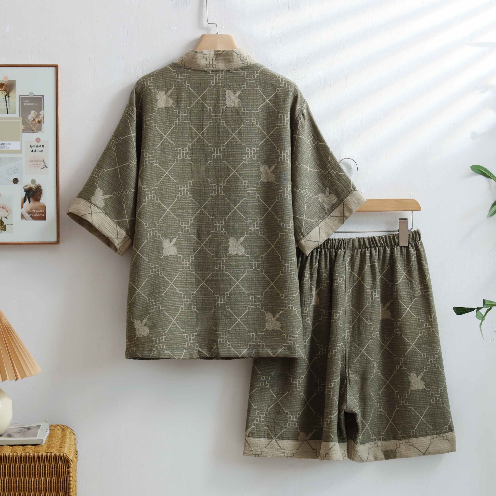 Unisex Green Grid Cotton Kimono Loungewear - image 1