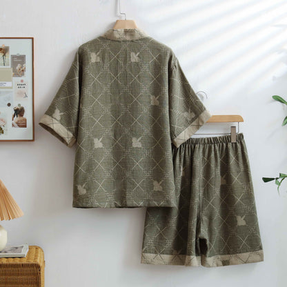 Unisex Green Grid Cotton Kimono Loungewear - image 1