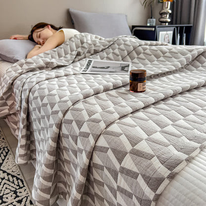 Geometric Triangle Print Cotton Muslin Quilt - Coffee - King - image 11