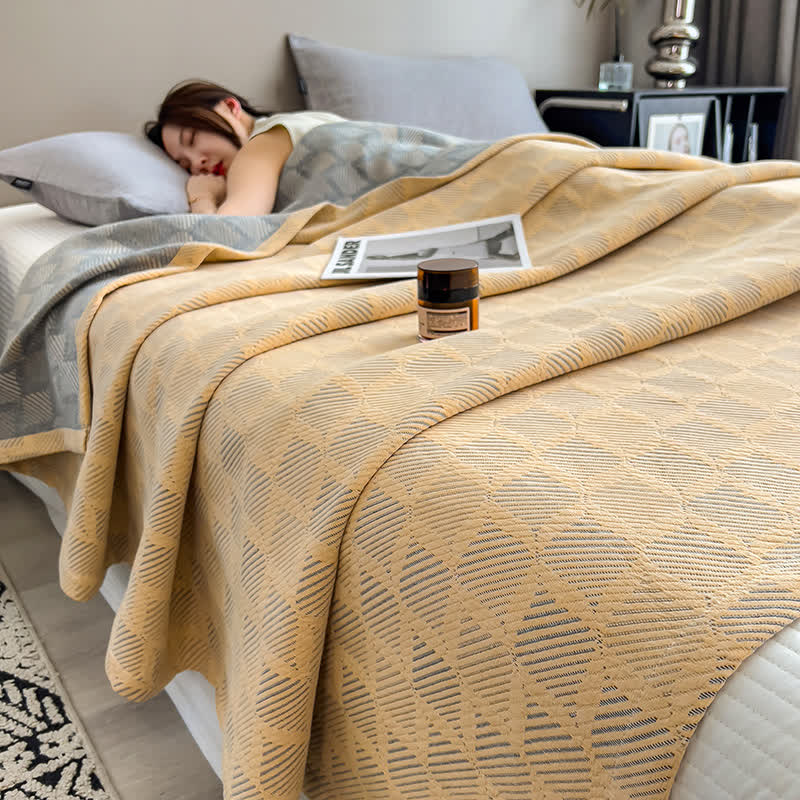 Square Stripe Print Cotton Muslin Quilt - Yellow - King - image 3