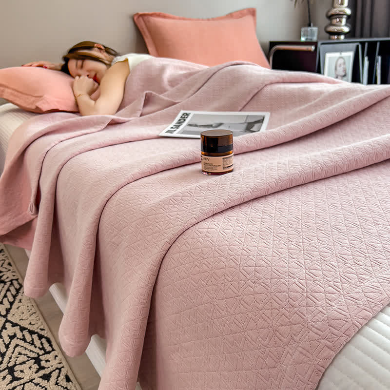 Geometric Grid Print Cotton Muslin Quilt - Pink - King - image 4