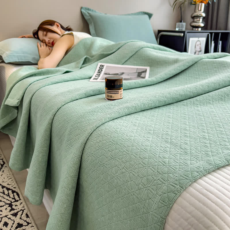 Geometric Grid Print Cotton Muslin Quilt - Green - King - image 0