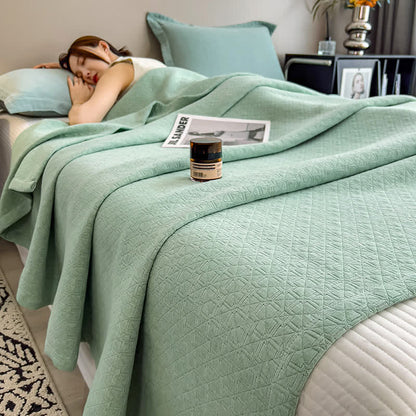 Geometric Grid Print Cotton Muslin Quilt - Green - King - image 0