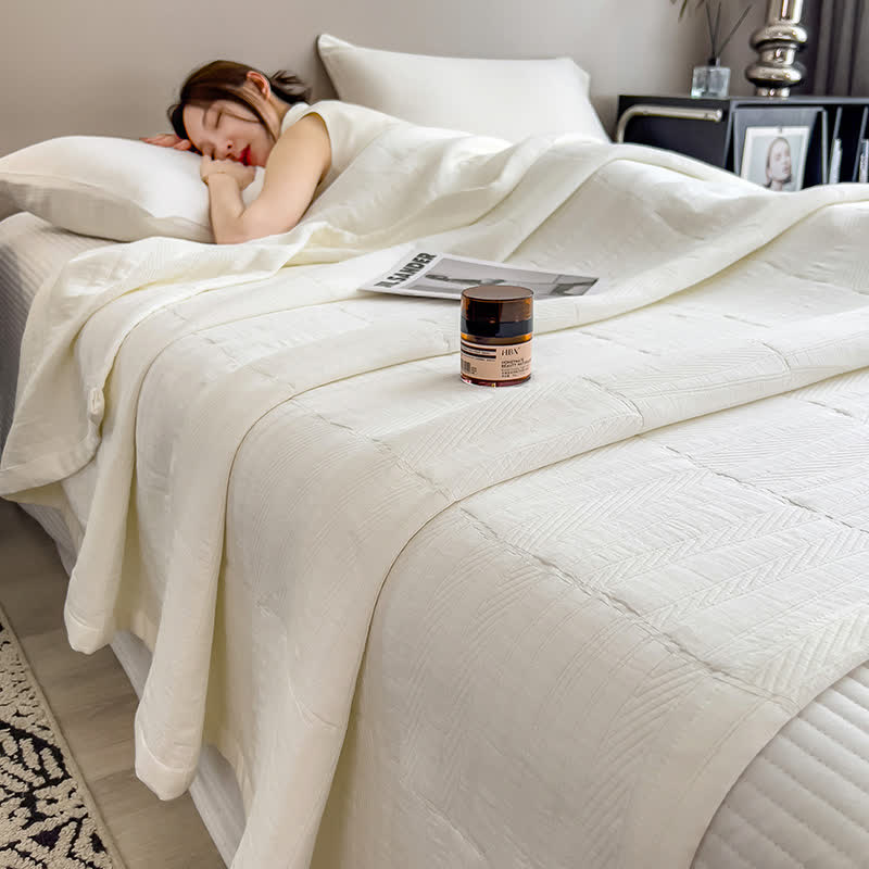 Minimalist Stripe Print Cotton Muslin Quilt - White - King - image 0